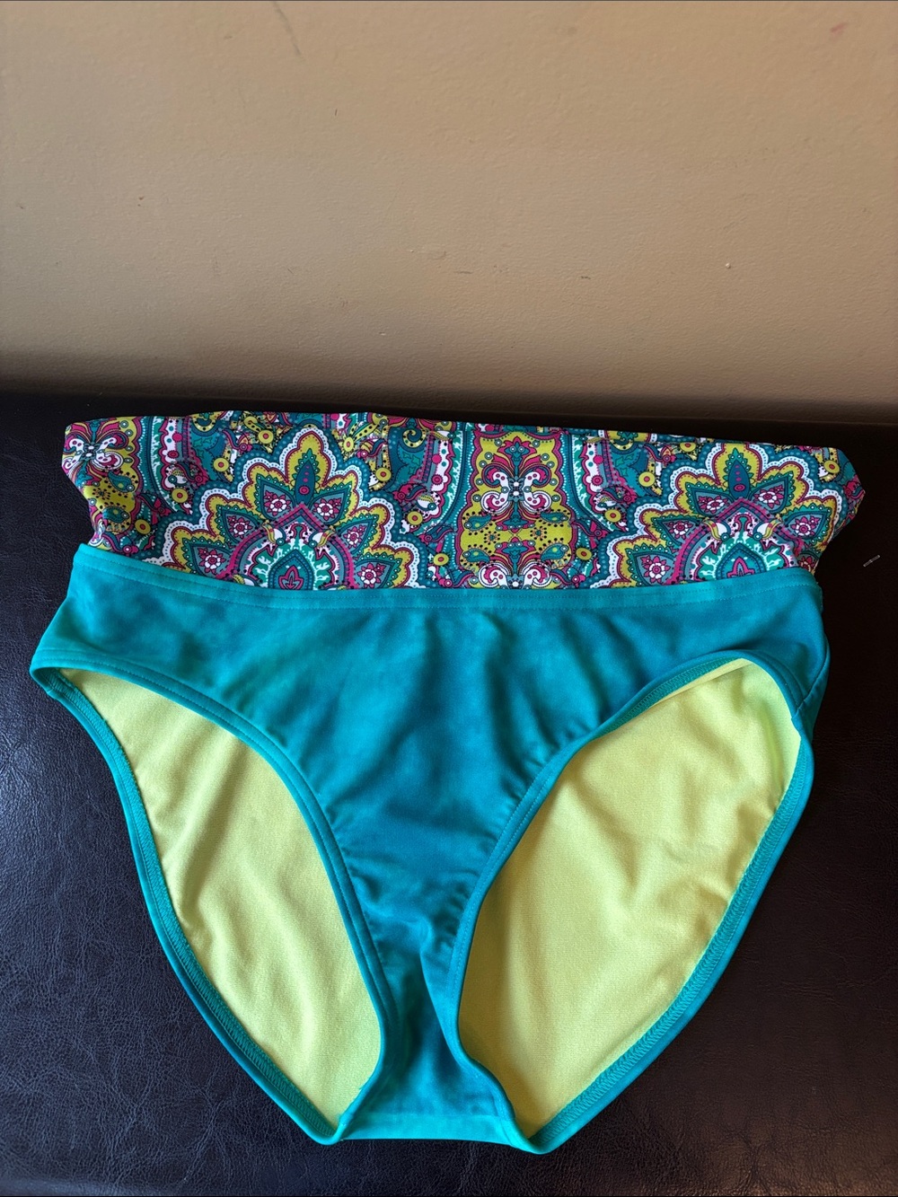 Prana Teal & Yellow Fold-Over Bikini Bottom with Paisley Waistband